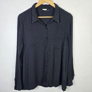 En Creme Shirt Womens Large Black Button Up Textured Pocket Blouse Long Sleeve